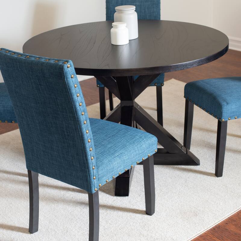 5 Piece Round Dining Table Set, Farmhouse Trestle Kitchen Table with 4 Nailhead Sloid Back Upholstered Chairs, for Living Room