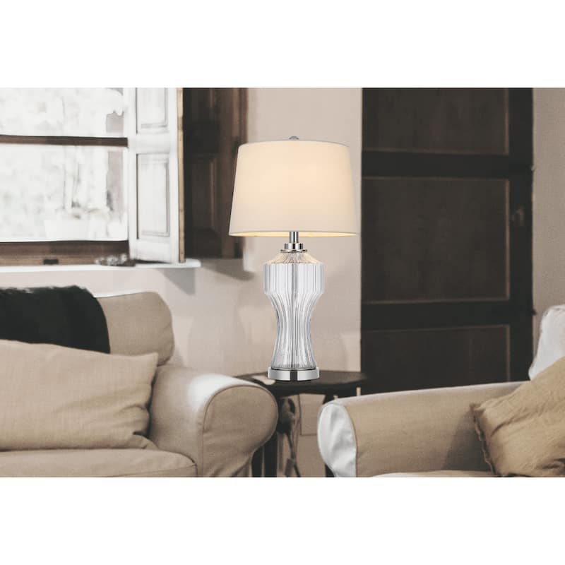 26"Tall Table Lamp with Clear Glass Cylinder Base and Fabric White Empire Shade Rotary Socket Switch - 26" H x 14" W x 14" D