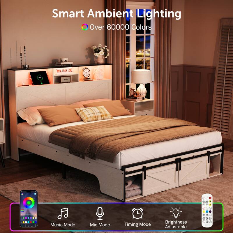 White Farmhouse Full Size Bed Frame with Storage Headboard, Charging Station & RGB LED Lights