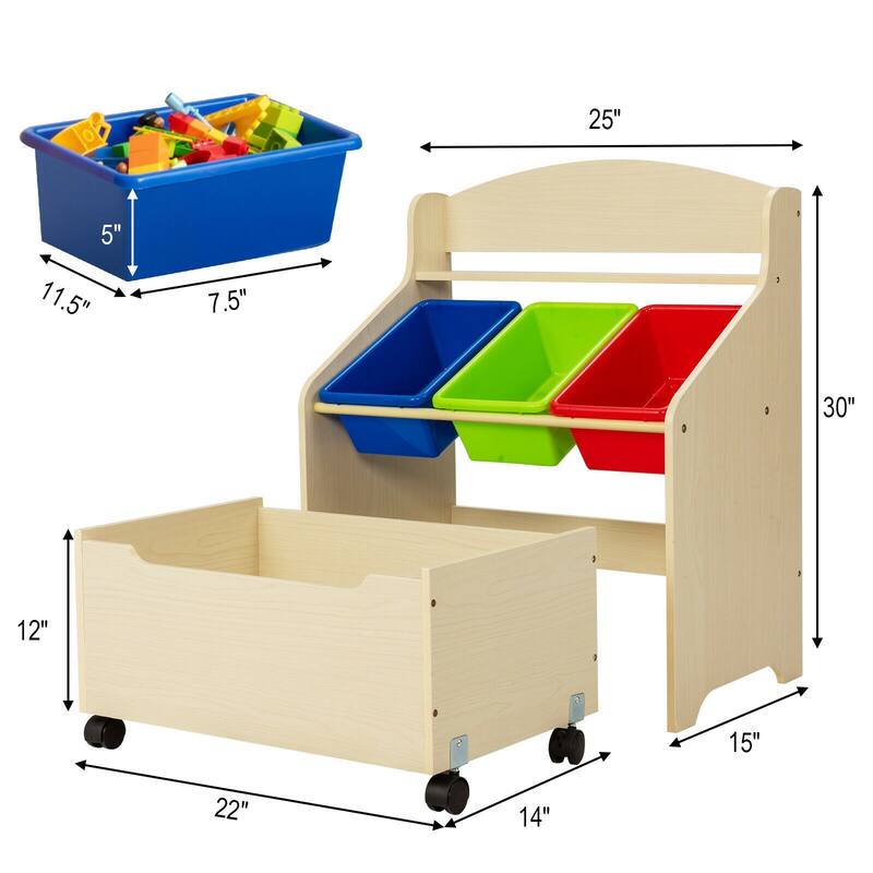 Kids Wooden Toy Storage Unit Organizer with Rolling Toy Box and Plastic Bins - 25" x 15" x 30" (L x W x H)