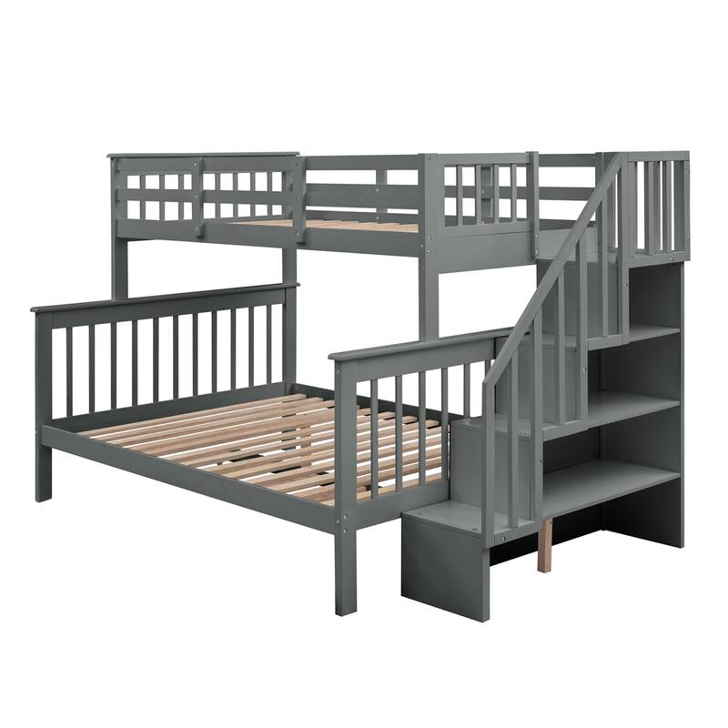 Solid Wood Twin Over Full Size Bunk Bed w/Storage Stairs and Guardrail