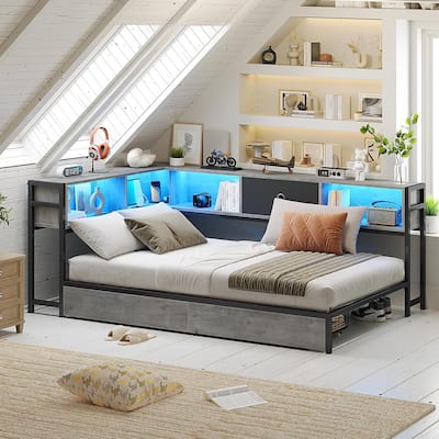 Daybed with 2 Drawers Platform Bed Frame LED Light Charging Station