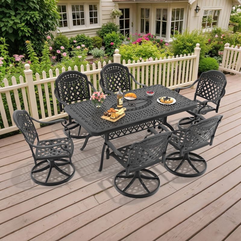7-Piece Aluminum Rectangular Outdoor Patio Dining Set, 6 Cushioned Swivel Chairs, Table, All-Weather Frames