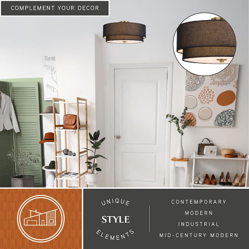 Burnaby Gold Brass Mid-Century Modern Semi Flush Mount Ceiling Light Black Linen Drum Shade