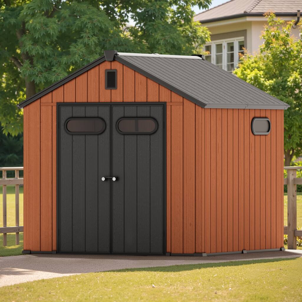 Outdoor Resin Storage Shed with Floor, Garden Shed with Lockable Door, Windows & Vents, Outside Tool Storage Shed