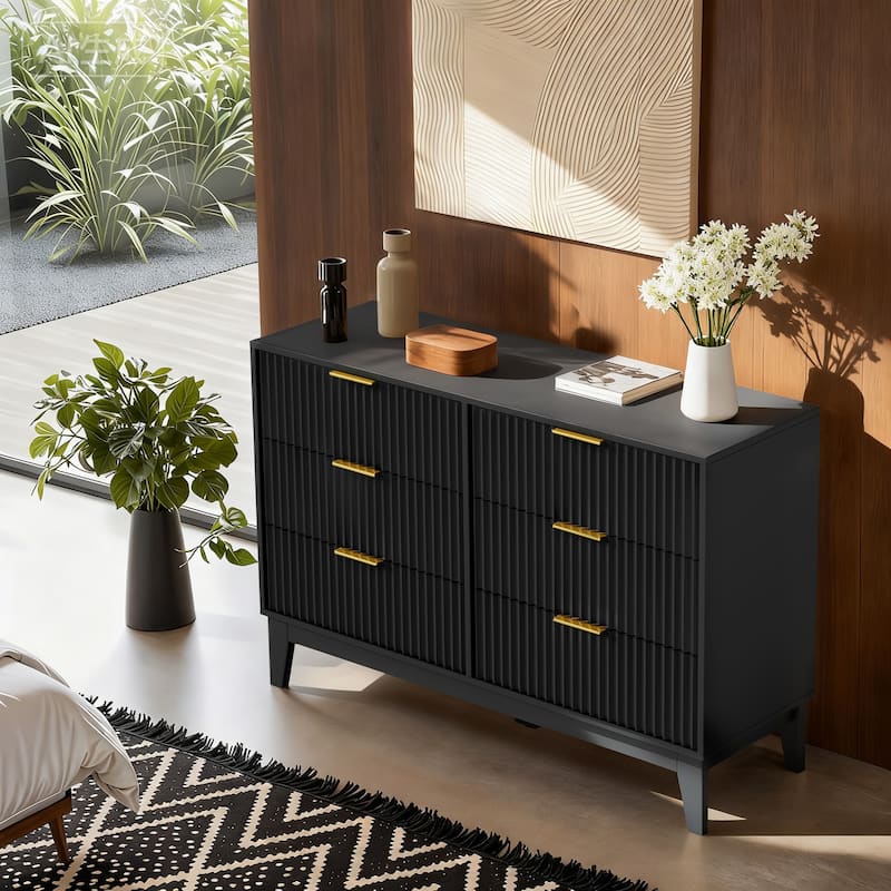EROMMY Fluted Dresser 6 Drawer Mid Century Modern Dresser Wide Chest of Drawers with Metal Handles for Bedroom Living Room