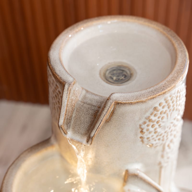 XBrand 25 in H Freestanding Cascadian Outdoor Garden Fountain w/Flower Details & Warm LED Lights, Ceramic, Beige
