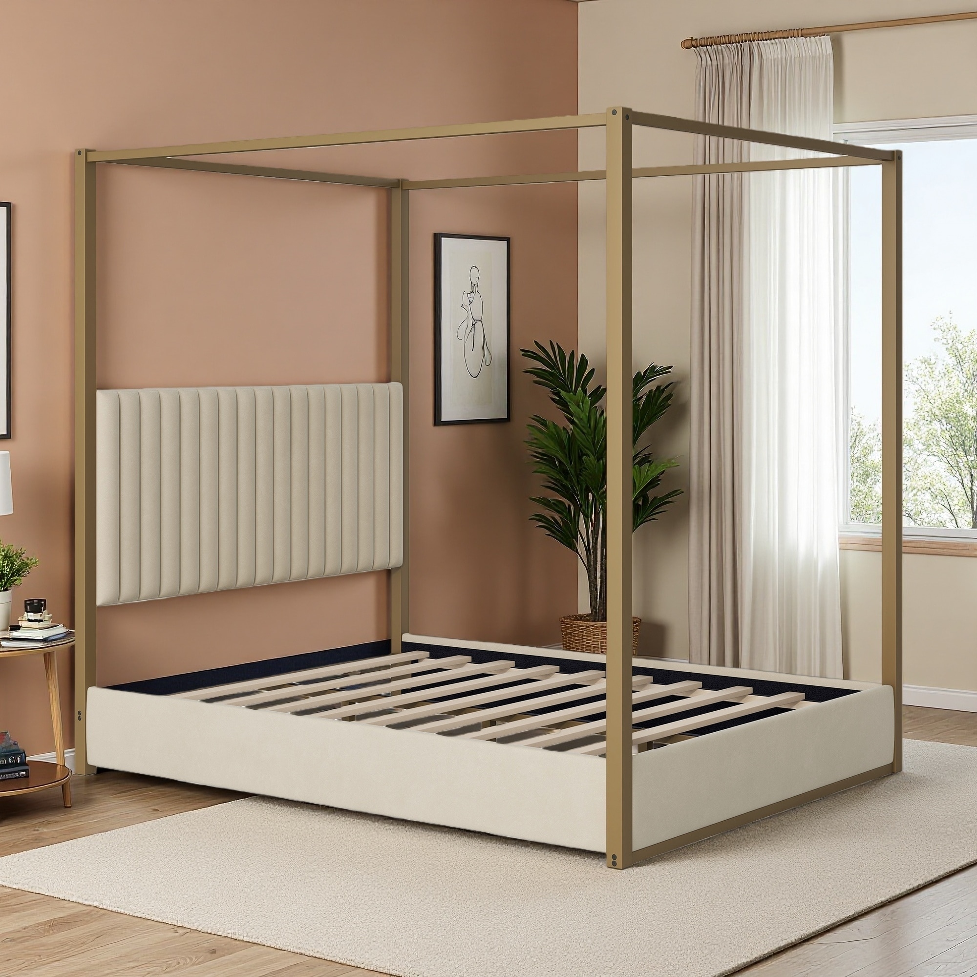 Queen Upholstered Canopy Platform Bed, Headboard, Velvet Finish, Modern Design
