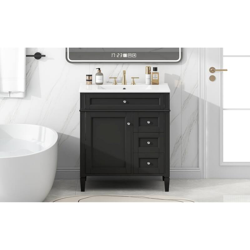 GDFStudio - Caldwell Modern Bathroom Vanity with Ceramic Sink, 2 Storage Drawers and Tip-Out Organizer - 30'W