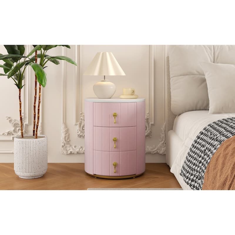 Round Nightstand with 3 Drawers, Velvet Upholstered Storage Cabinet, Sofa Side Table with Marble Table Top & Metal Legs