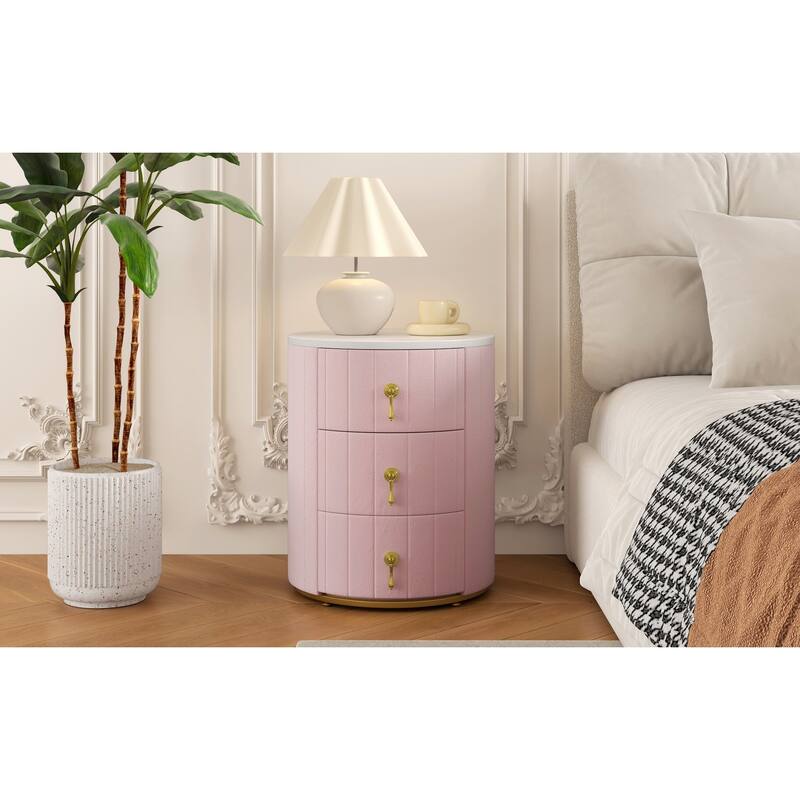 Upholstered 3-Drawer Nightstand - Round Marbling Top Bedside Table (Fully Assembled Except Handles, Pink)