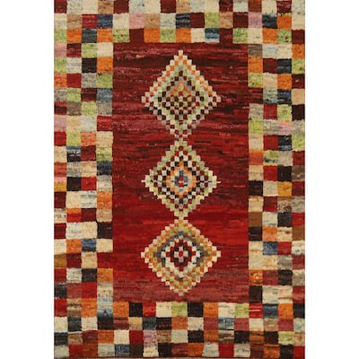 Red Checkered Moroccan Oriental Area Rug Hand-Knotted Wool Carpet - 5'9" x 7'8"