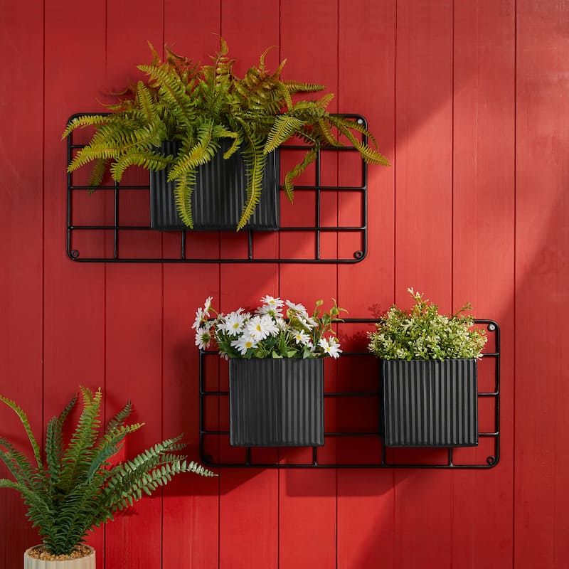 Glitzhome 20''L Black Metal Wall Planters with 3 Pots Hanging Plant Holder