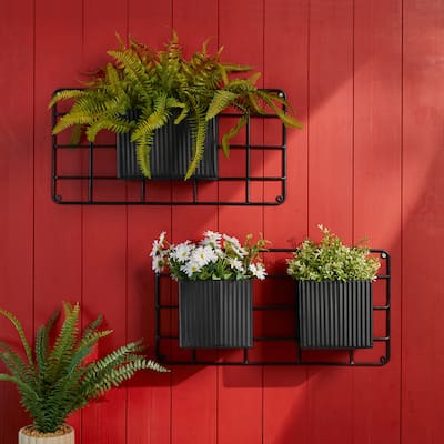 Glitzhome 20''L Black Metal Wall Planters with 3 Pots Hanging Plant Holder