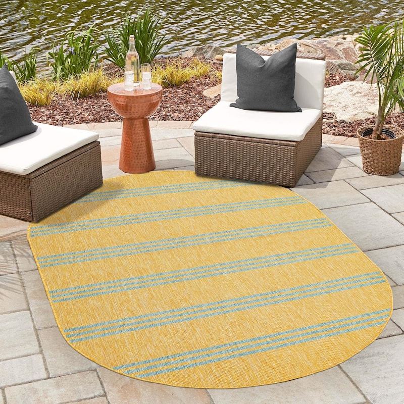 Outdoor Zrand Collection Area Rug - Yellow and Aqua - 5'3"x8' Oval