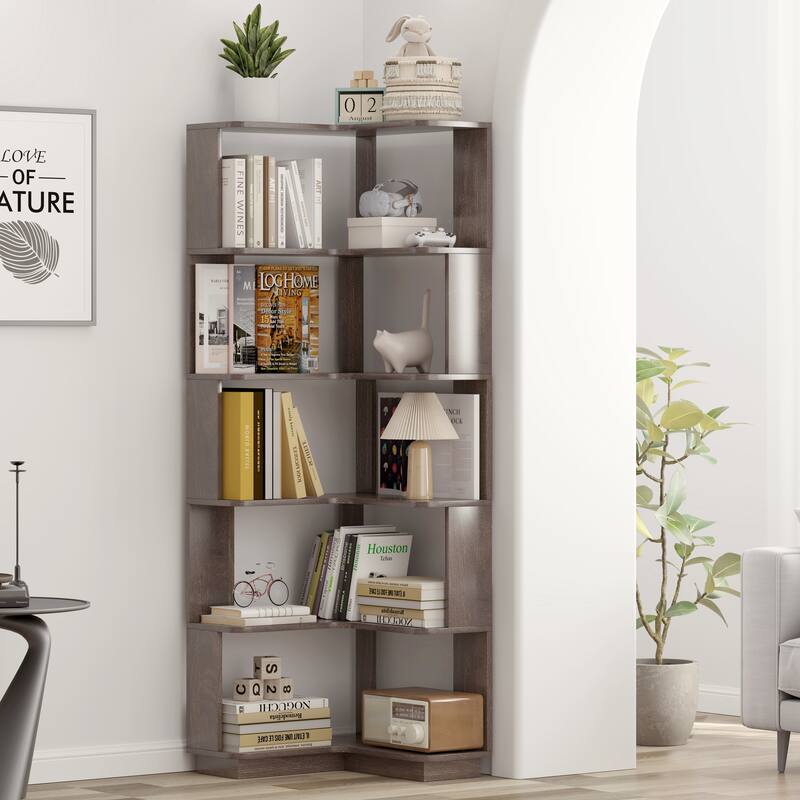 6-Tier L-Shaped Corner Bookshelf, Freestanding Wooden Bookcase with Anti-Drop Panel & Anti-Tip Device