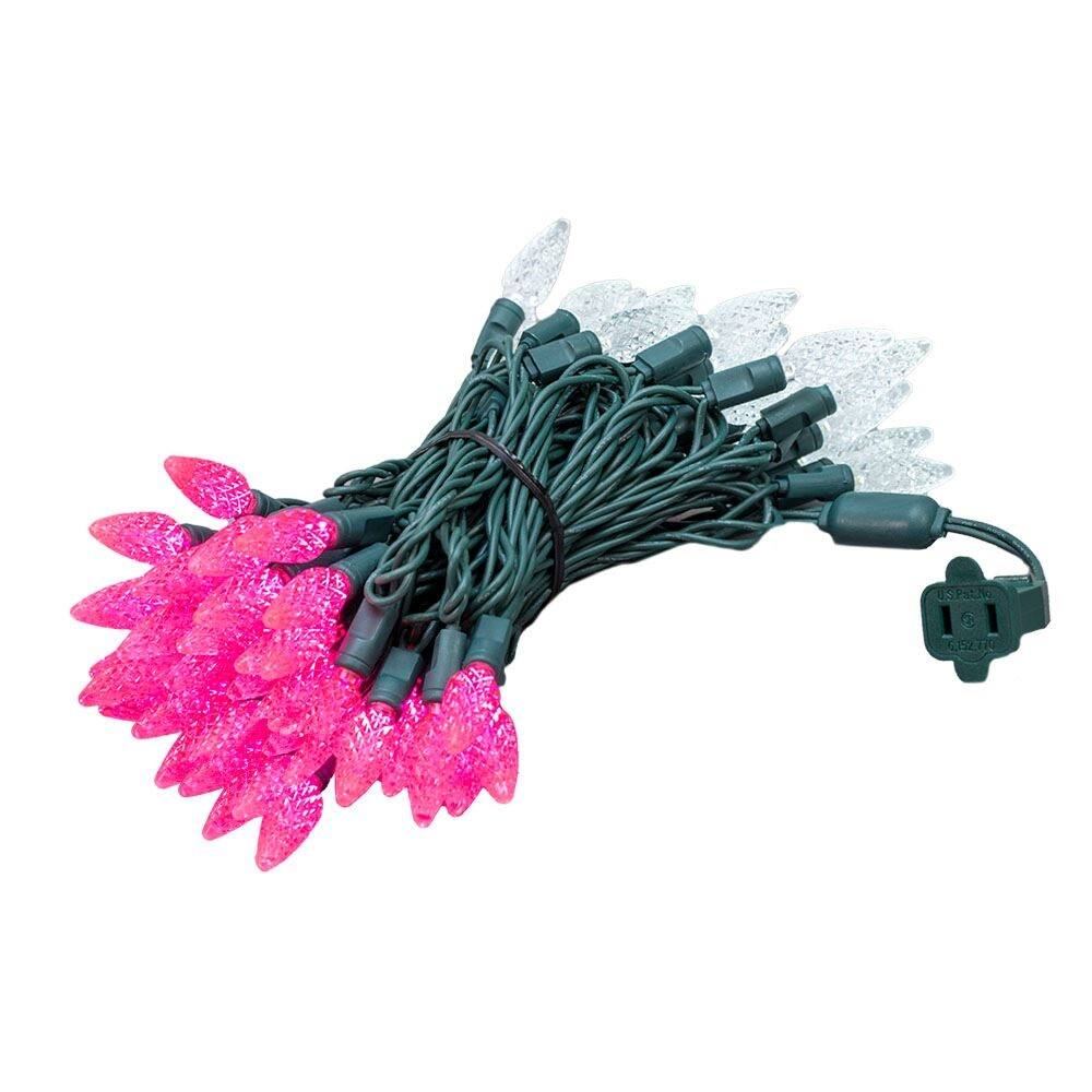 70 Light C6 LED Christmas Mini Light Set, Pink/Pure White, Green Wire, 24 Feet - Large