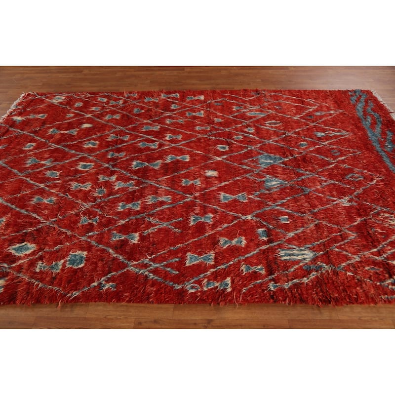 Hand Knotted Oriental 100% Wool Carpet Modern Tribal Red Moroccan Area Rug - 9' 9'' X 6' 5''