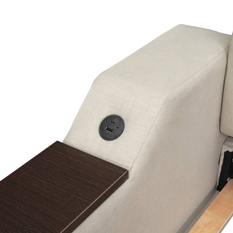 Twin Size Upholstered Daybed with Storage Arms, Trundle, and USB Charging in Beige