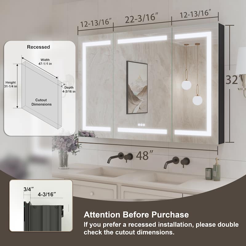 Rectangular Aluminum Recessed/Surface Mount Frameless Anti-Fog Medicine Cabinet with Dimmable LED Lights