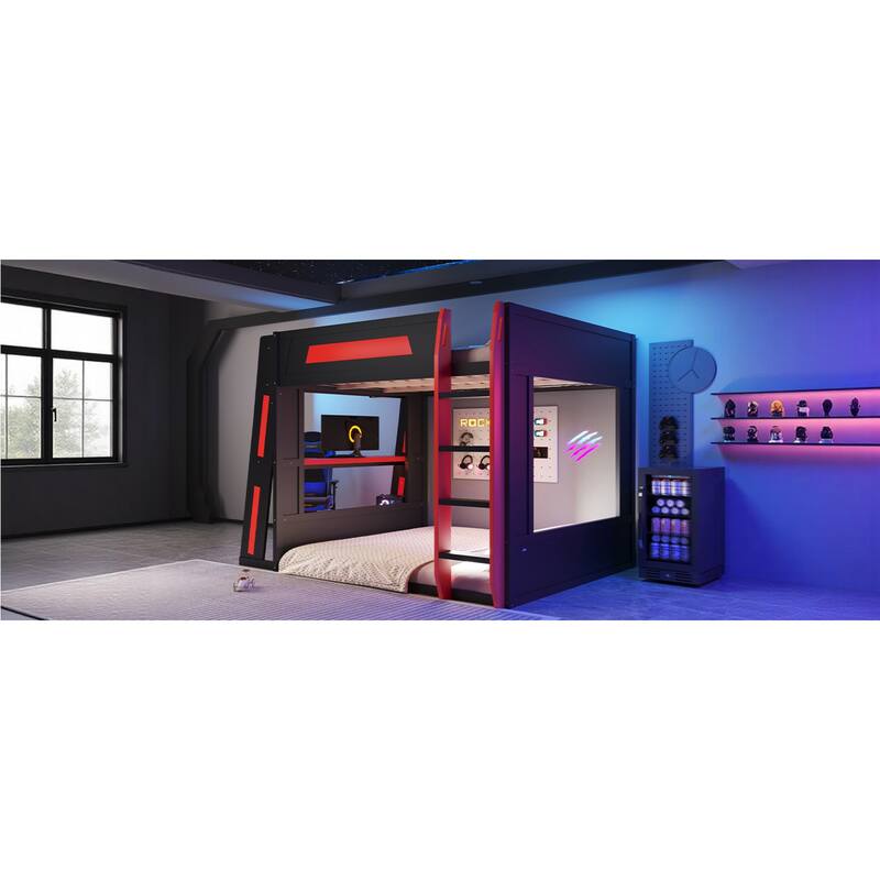 Roomfitters Queen Over Queen Gaming Bunk Bed with Desk, Storage Shelves and LED