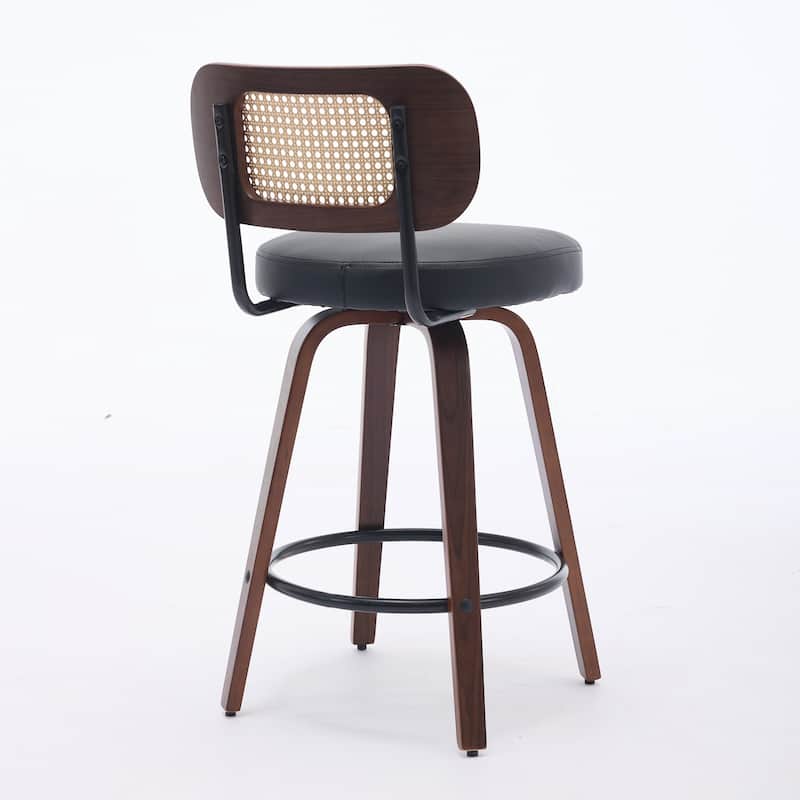 Set of 3 Counter Height Bar Stools, 26" Rattan with Cane Back & Upholstered Seat, Walnut Swivel Stools for Island