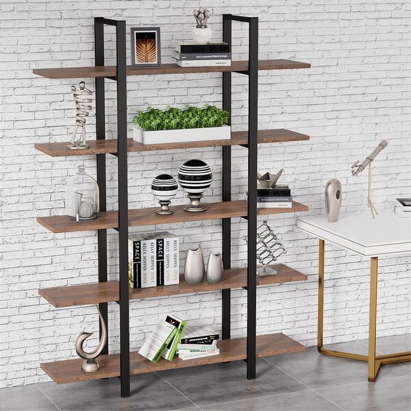 Brown Vintage Industrial 5-Tier Etagere Bookcase, White/ Gold