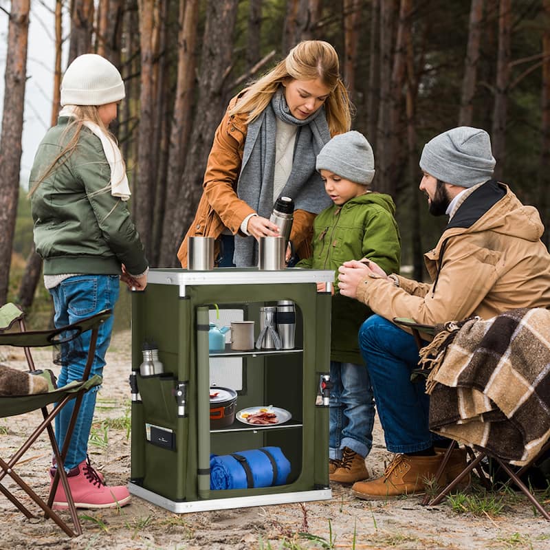 EAGLE PEAK Outdoor Folding Camping Table Easy Set Up Portable Aluminum Camping Kitchen, Beige
