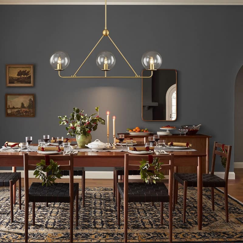 3-Light Modern Vintage Brushed Gold Linear Clear Glass Globe Bubble Pendant Light for Dining Room