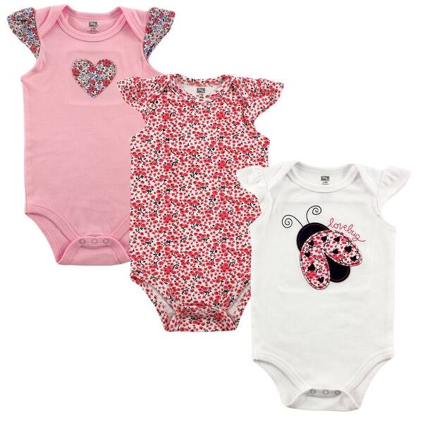 slide 1 of 1, Hudson Baby Infant Girl Cotton Bodysuits 3pk, Love Bug 0-3 Months - Love Bug 3-Pack