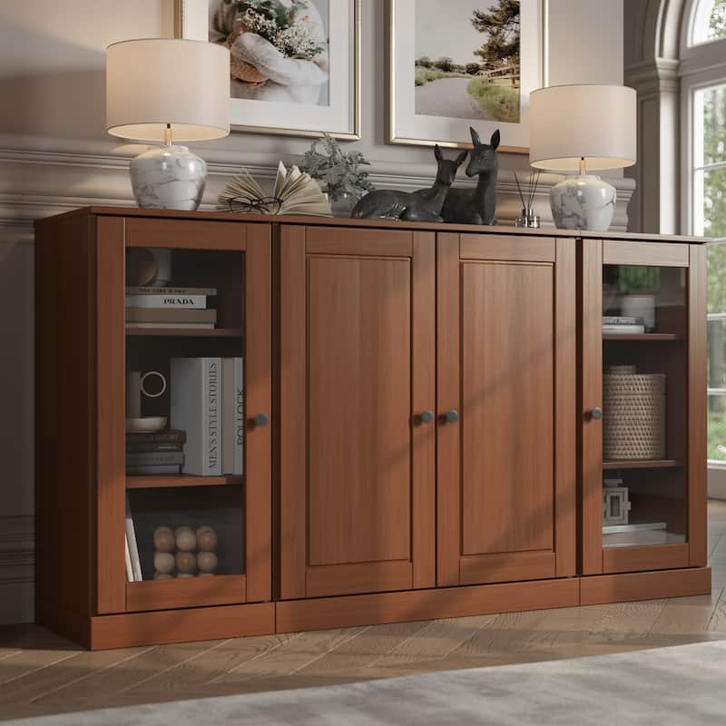 100% Solid Wood 65" Sideboard with Clear, Frosted Glass or Solid Wood Doors by Palace Imports - Mocha - Glass-Solid