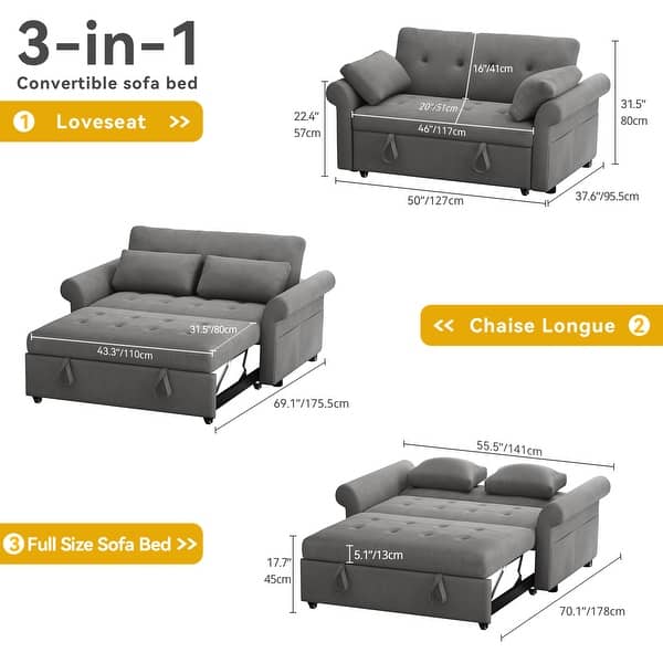 dimension image slide 4 of 6, Moasis Sleeper Sofa Bed 3-in-1 Convertible Couch with Pullout Bed, Reclining Backrest, Storage Pockets - 50"L x 37.6"W x 31.5"H