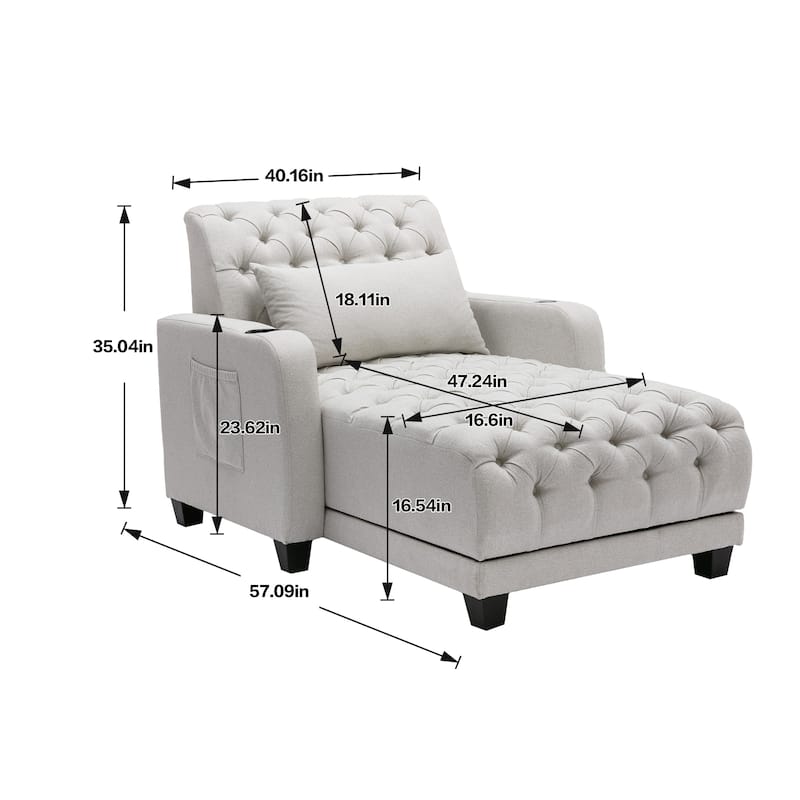 Linen Upholstered Multifunctional Tufted Wireless Charging Leisure Sleeper Armchair with 2 Cup Holders