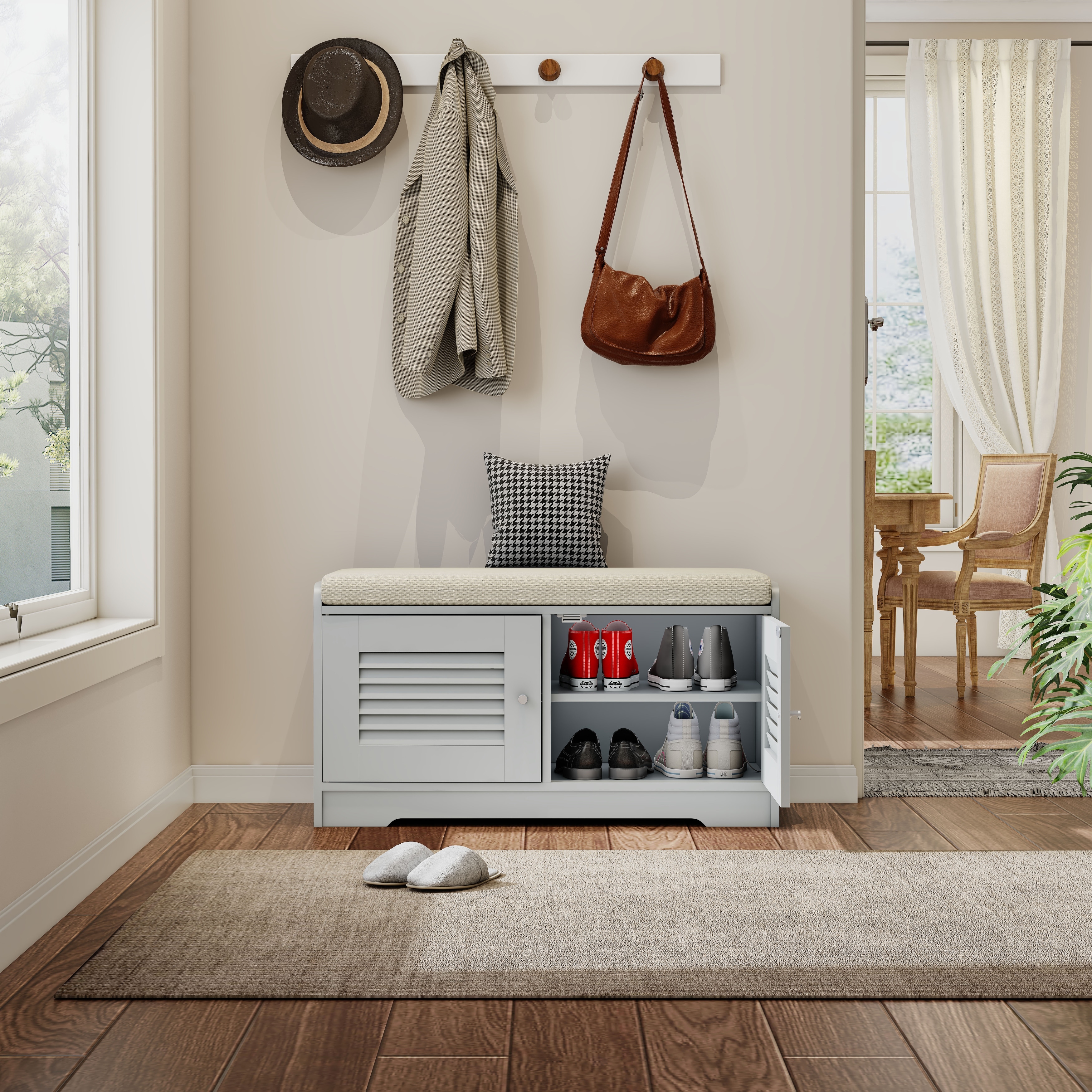 28.74" Shoe Storage Bench with 2 Door Cabinet, Grey Entryway Bench Indoor Bench with Padded Seat and Adjustable Shelves