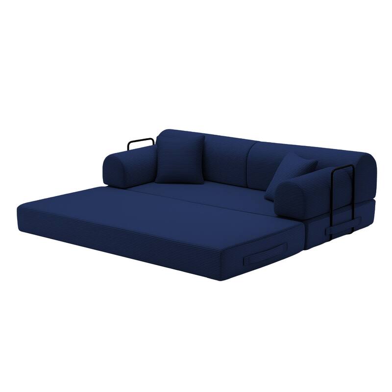 Convertible Sleeper Sofa Bed with Cylindrical Pillow, Corduroy Folding Mattress Couch with Fixed-Shape Frame for Bedroom
