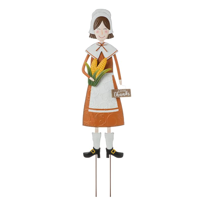 Glitzhome 36"H Fall Thanksgiving Metal Pilgrim Yard Stake Standing Hanging Decor (3 Functions)