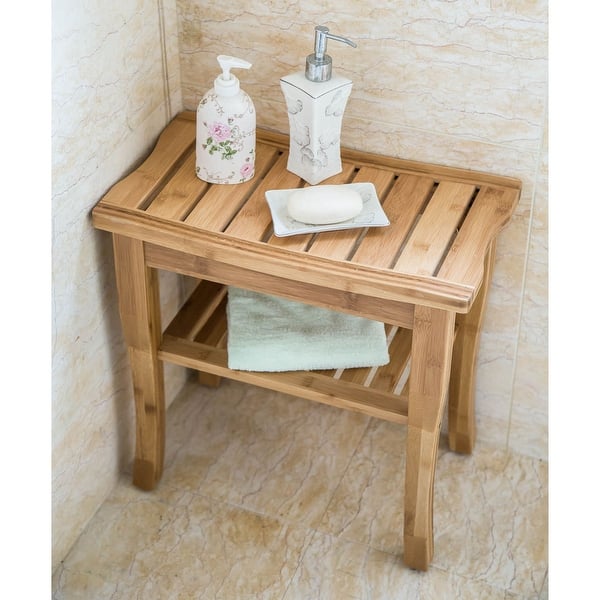 HOMCOM Bamboo Shower Bench Bathroom Stool Spa Bath Organizer Seat W/ Shelf - Natural Wood