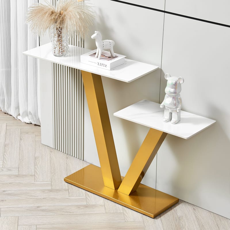 Modern Console Table with Metal Frame and Adjustable Foot Pads - White+Gold
