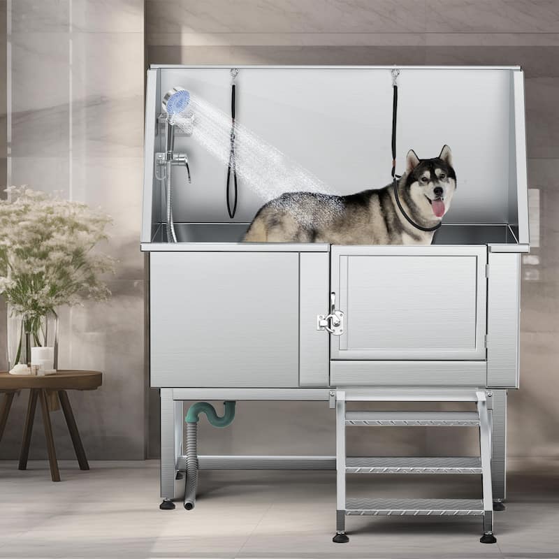 50'' W Stainless Steel Adjustable Pet Grooming Tub with Steps - Silver - Silver