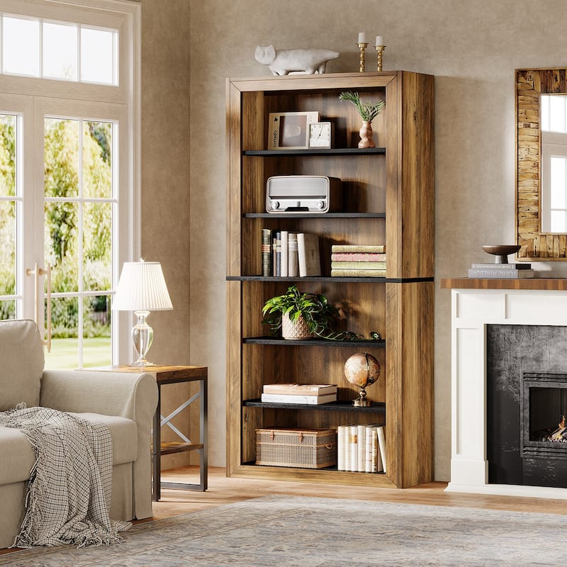 74.4'' Tall Bookcase with Storage Shelves, 6-Tier Wood Bookshelf