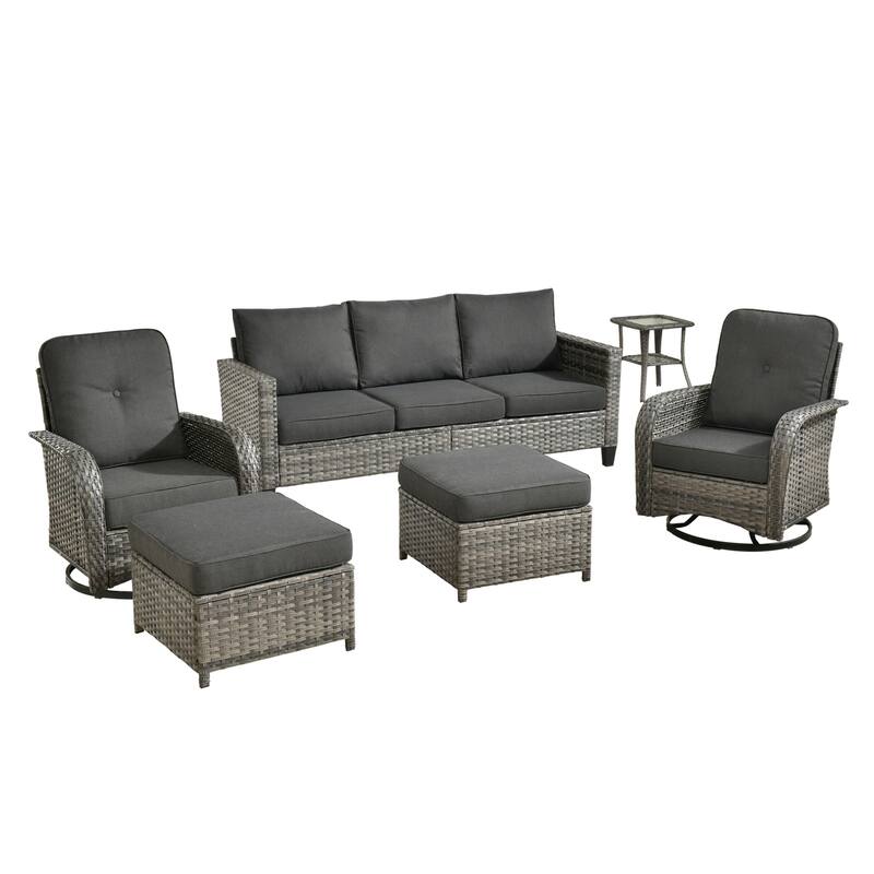 HOOOWOOO 6-piece Grey Wicker Outdoor Swivel Rocking Chair Set for Patio