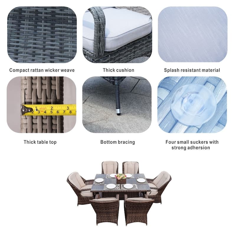 Modern 7-piece Outdoor Rectangular Wicker Aluminum Dining Set with 6 Chairs