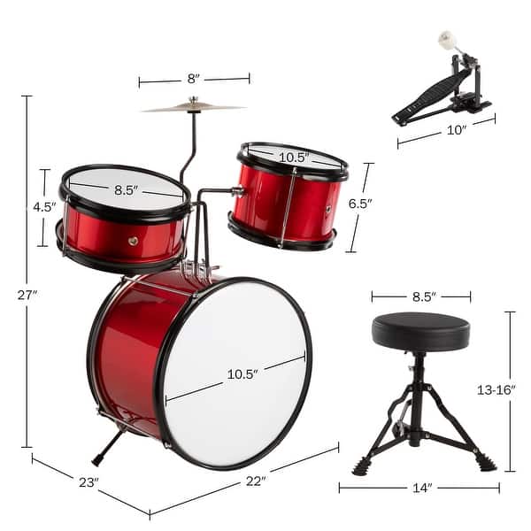 dimension image slide 2 of 3, Hey Play 3pc. Kids Drum Set with Cymbal, 2 Toms, Bass Drum and Throne