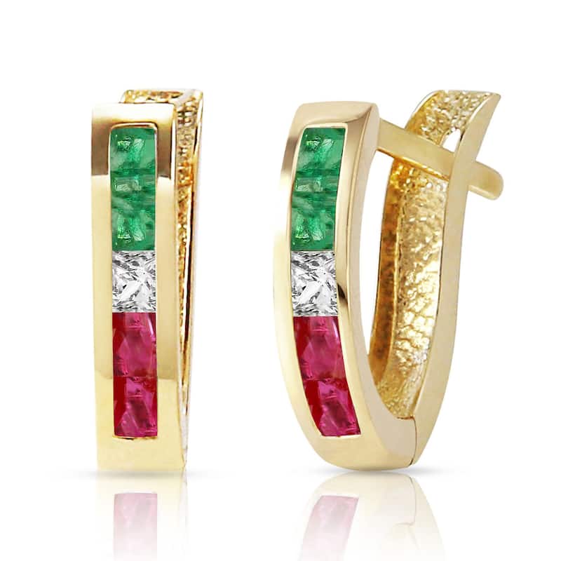 1.28 Carat 14K Solid Gold Tri Gem Oval Hoop Gemstone Earrings - Yellow
