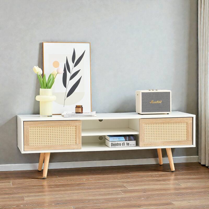 55" Rattan TV Stand with Sliding Doors, Mid Century Media Console with Adjustable Shelf & Solid Wood Legs for Living Room - White