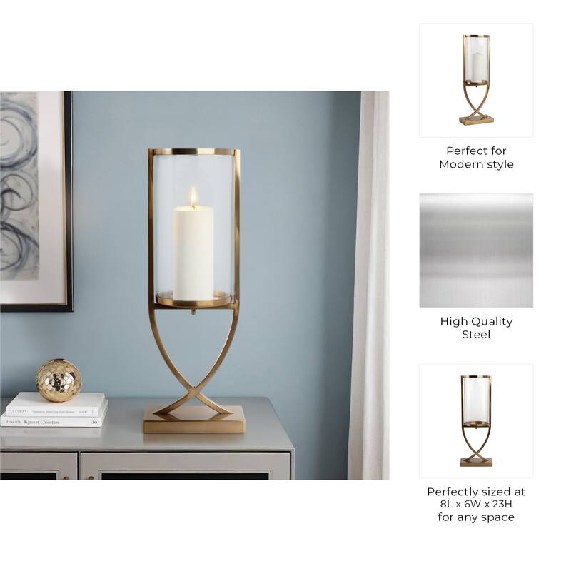 Modern Glass Pillar Candle Holder Decorative Lantern with Steel Frame