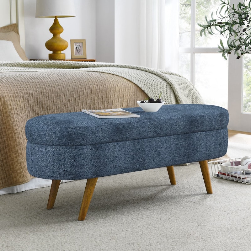 Ottoman Oval Storage Bench,Rubber Wood Legs - Dark Blue