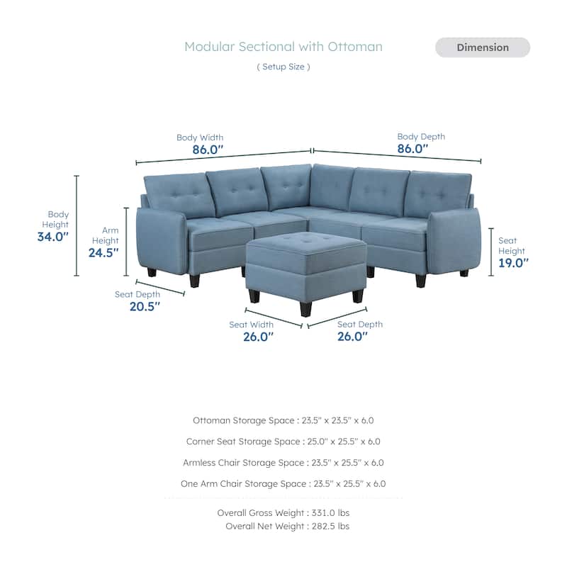 Dorian Textured 6-Piece Sectional Sofa - Storage and Ottoman