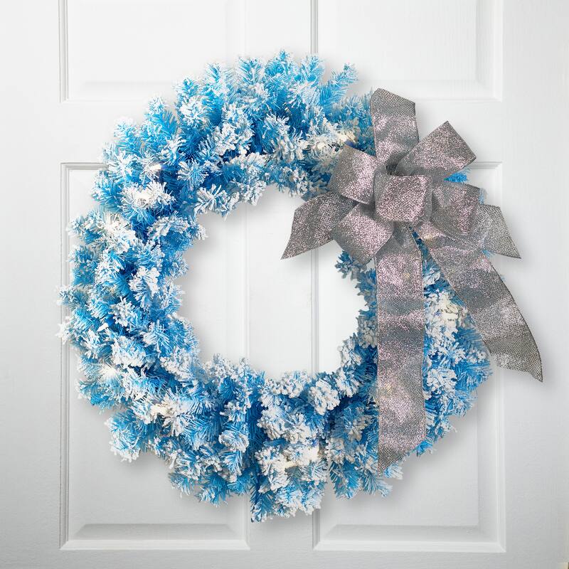 Pre-Lit Flocked Pine Artificial Christmas Wreath - 24" - Sky Blue - Clear Lights