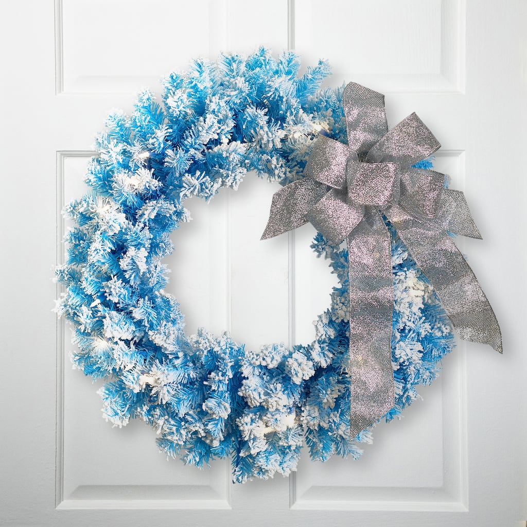 Pre-Lit Flocked Pine Artificial Christmas Wreath - 24" - Sky Blue - Clear Lights